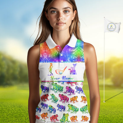 Funny Tie Dye Frog Pattern Womens Sleeveless Golf Polo Shirt Custom Watercolor Golf Attire For Ladies NHN0135