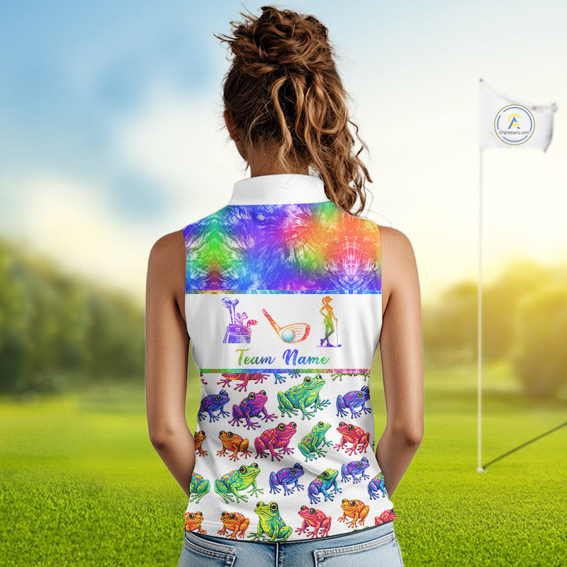 Funny Tie Dye Frog Pattern Womens Sleeveless Golf Polo Shirt Custom Watercolor Golf Attire For Ladies NHN0135