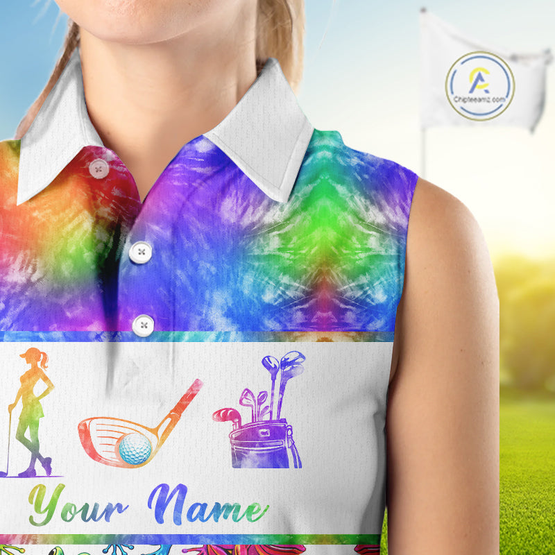 Funny Tie Dye Frog Pattern Womens Sleeveless Golf Polo Shirt Custom Watercolor Golf Attire For Ladies NHN0135