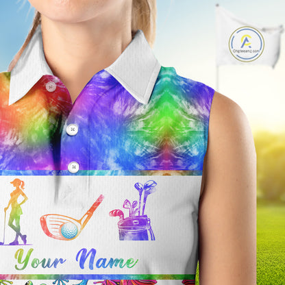 Funny Tie Dye Frog Pattern Womens Sleeveless Golf Polo Shirt Custom Watercolor Golf Attire For Ladies NHN0135