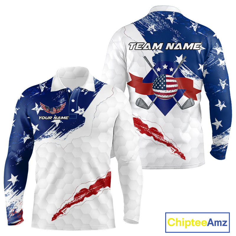 American Flag Mens Long Sleeve Polo Golf Shirt Custom Patriotic Team Golf Shirts For Men Golf Gifts NHN0008