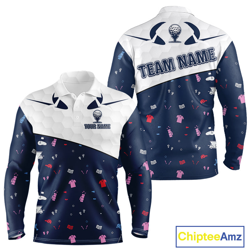 Long Sleeve Golf Polo Shirt Custom Name Funny Blue White Golf Ball Pattern Golf Wear Top For Team NHN0025
