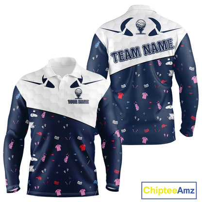 Long Sleeve Golf Polo Shirt Custom Name Funny Blue White Golf Ball Pattern Golf Wear Top For Team NHN0025