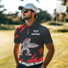 Load image into Gallery viewer, Skull Mens Disc Golf Polo Shirt Custom Name Black And Red Disc Golf Basket Personalized Golf Shirts NHN0049