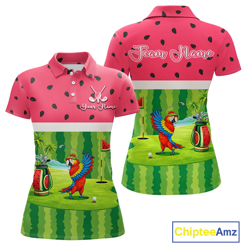Funny Womens Golf Polo Shirt Custom Watermelon Tropical Pattern, Parrot Golf Shirts For Team NHN0183