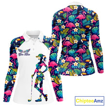 Load image into Gallery viewer, Womens Long Sleeve Golf Polo Shirt Custom Tropical Pattern, Flamingo Golf Shirts For Ladies NHN0099
