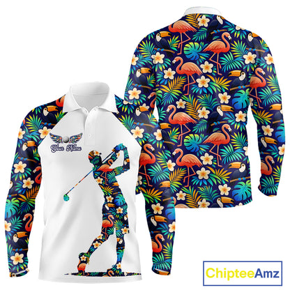 Funny Long Sleeve Golf Polo Shirt Custom Toucan Tropical Floral Pattern, Flamingo Golf Shirt For Men NHN0099
