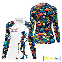 Load image into Gallery viewer, Funny Womens Long Sleeve Golf Polo Shirt Custom Toucan Tropical Pattern, Flamingo Golf ShirtsNHN0099