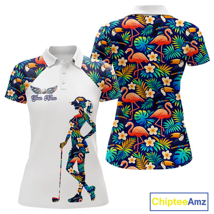 Funny Womens Golf Polo Shirt Custom Toucan Tropical Pattern, Flamingo Golf Shirts For LadiesNHN0099