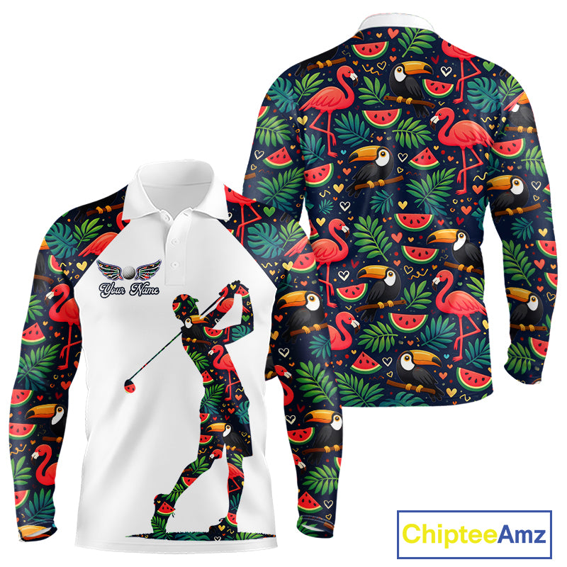 Funny Long Sleeve Golf Polo Shirt Custom Floral Tropical Pattern, Flamingo Golf Shirts For Men NHN0099