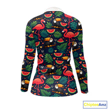 Load image into Gallery viewer, Funny Womens Long Sleeve Golf Polo Shirt Custom Floral Tropical Pattern, Flamingo Golf Shirts NHN0099