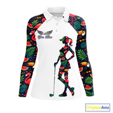 Load image into Gallery viewer, Funny Womens Long Sleeve Golf Polo Shirt Custom Floral Tropical Pattern, Flamingo Golf Shirts NHN0099
