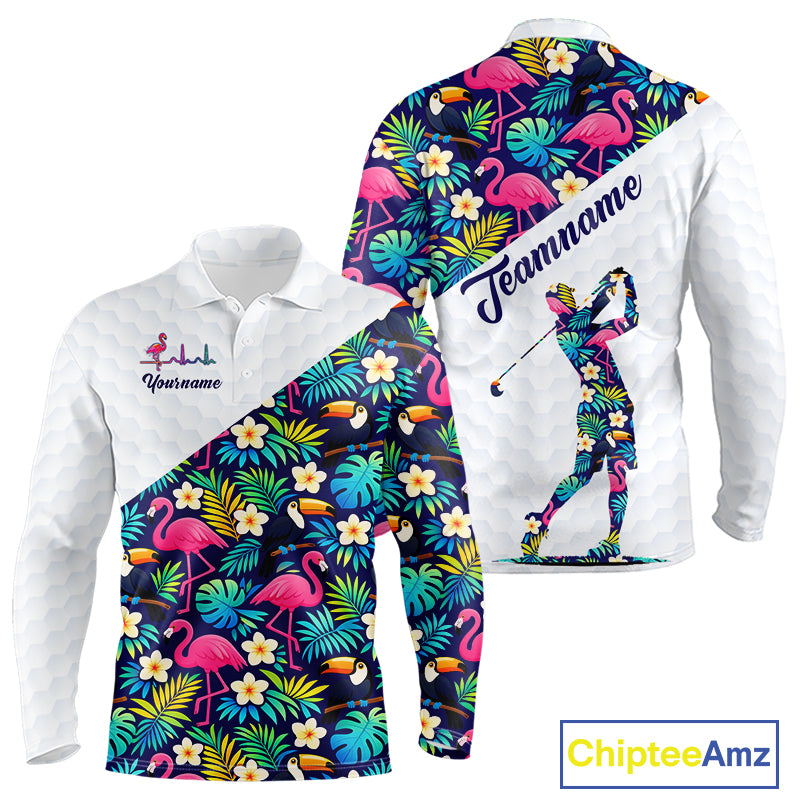 Funny Long Sleeve Golf Polo Shirt Custom Toucan Tropical Floral Pattern, Flamingo Golf Shirt For Men NHN0192