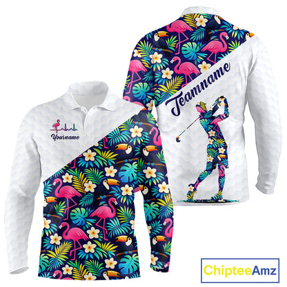 Funny Long Sleeve Golf Polo Shirt Custom Toucan Tropical Floral Pattern, Flamingo Golf Shirt For Men NHN0192