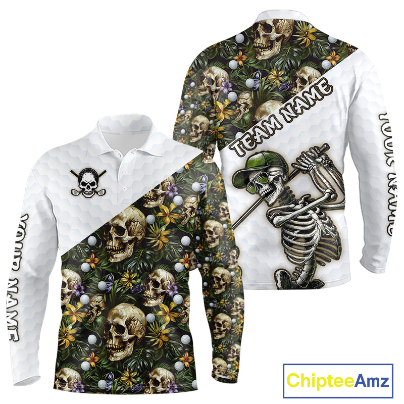 Funny Long Sleeve Golf Polo Shirt Custom Green Tropical Pattern Personalized Skull Golf Shirts For Men NHN0071