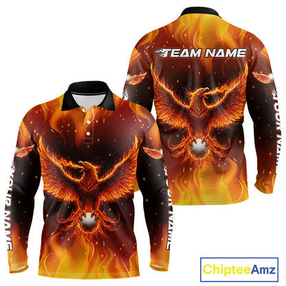 Mens Long Sleeve Golf Polo Shirts Custom Phoenix Red Flame Team Golf Tops, White Golf Outfit For Men NHN0077