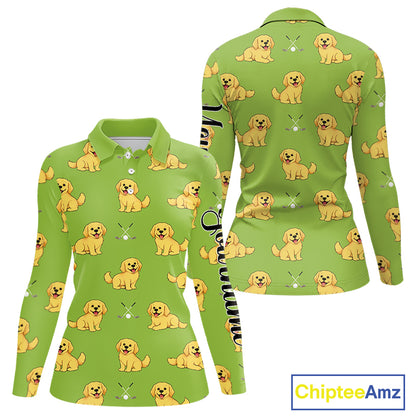 Womens Long Sleeve Golf Polo Shirt Custom Funny Golden Retriever Team Ladies Golf Tops, Dog Lover Gift NHN0214