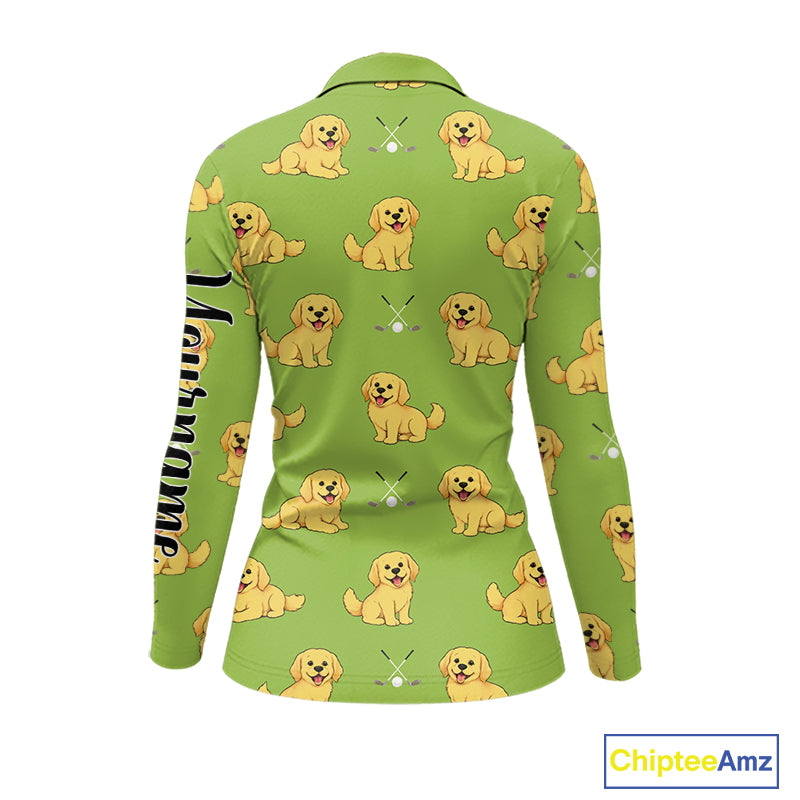 Womens Long Sleeve Golf Polo Shirt Custom Funny Golden Retriever Team Ladies Golf Tops, Dog Lover Gift NHN0214