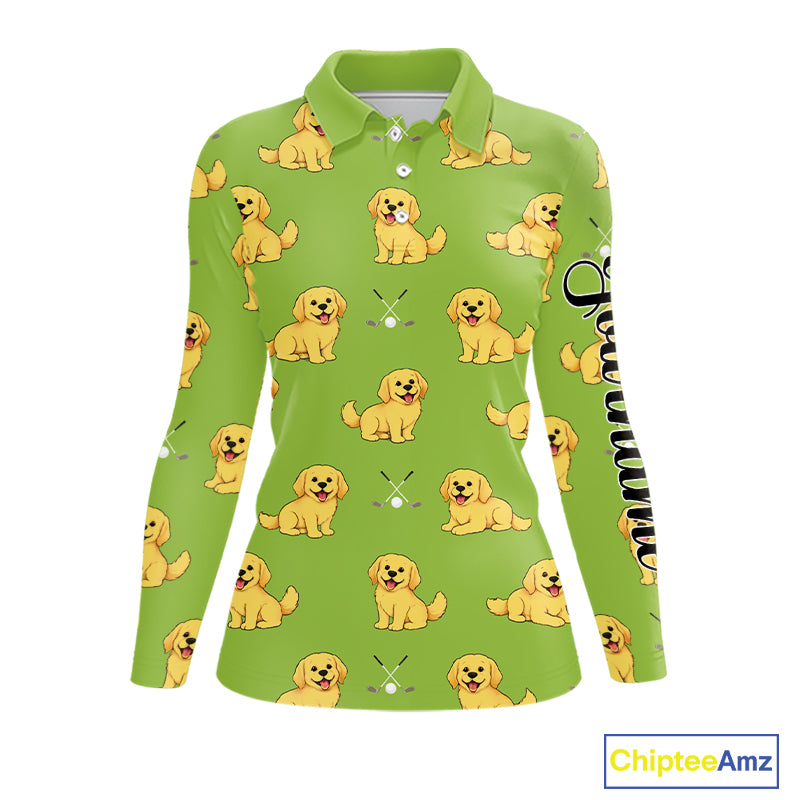 Womens Long Sleeve Golf Polo Shirt Custom Funny Golden Retriever Team Ladies Golf Tops, Dog Lover Gift NHN0214