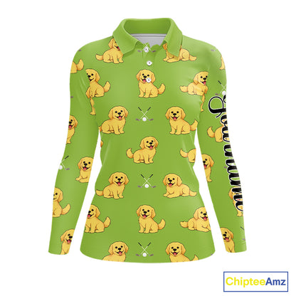 Womens Long Sleeve Golf Polo Shirt Custom Funny Golden Retriever Team Ladies Golf Tops, Dog Lover Gift NHN0214