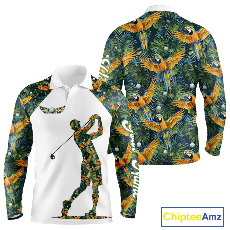 Mens Long Sleeve Golf Polo Shirt Custom Colorful Parrots And Floral Tropical Pattern Team Golf Shirts NHN0093