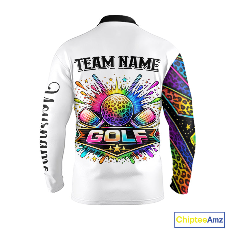 Rainbow Long Sleeve Golf Polo Shirt Leopard Print Pattern Custom Golf Ball Team Golf Tops, Golf Gifts NHN0226