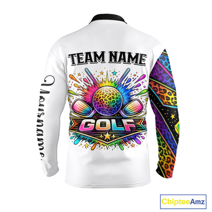 Rainbow Long Sleeve Golf Polo Shirt Leopard Print Pattern Custom Golf Ball Team Golf Tops, Golf Gifts NHN0226