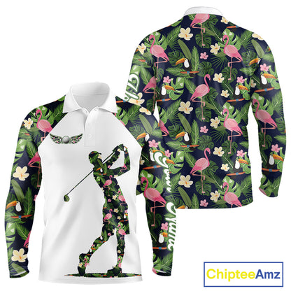 Funny Long Sleeve Golf Polo Shirt Custom Tropical Floral Pattern, Flamingo Golf Shirts For Men NHN0099