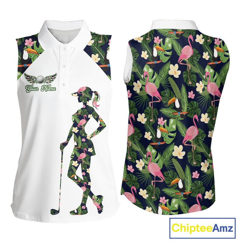 Funny Womens Sleeveless Golf Polo Shirt Custom Tropical Pattern, Flamingo Golf Shirts For Ladies NHN0099