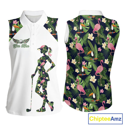 Funny Womens Sleeveless Golf Polo Shirt Custom Tropical Pattern, Flamingo Golf Shirts For Ladies NHN0099