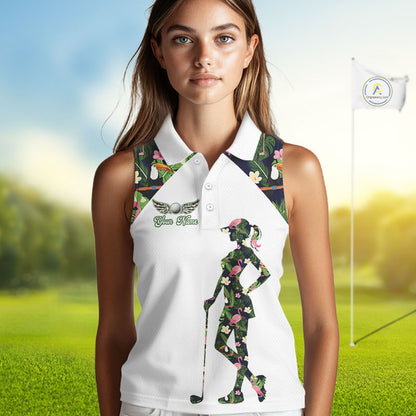 Funny Womens Sleeveless Golf Polo Shirt Custom Tropical Pattern, Flamingo Golf Shirts For Ladies NHN0099