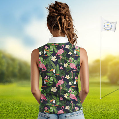 Funny Womens Sleeveless Golf Polo Shirt Custom Tropical Pattern, Flamingo Golf Shirts For Ladies NHN0099