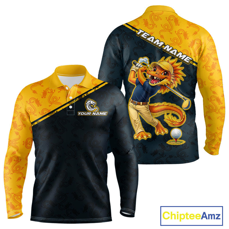 Funny Dragon Mens Long Sleeve Golf Polo Shirt Custom Yellow And Blue Team Golf Outfits, Golf Gifts NHN0102