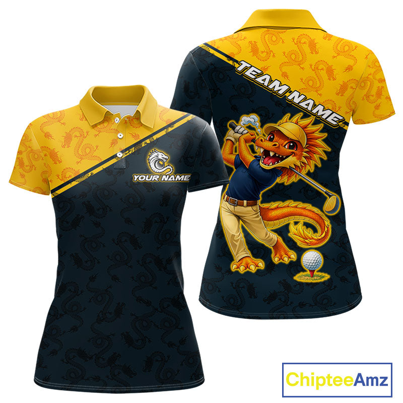Funny Dragon Womens Golf Polo Shirts Custom Yellow And Blue Dragon Pattern Team Golf Outfits, Golf Gifts NHN0102