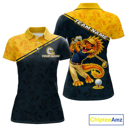 Funny Dragon Womens Golf Polo Shirts Custom Yellow And Blue Dragon Pattern Team Golf Outfits, Golf Gifts NHN0102