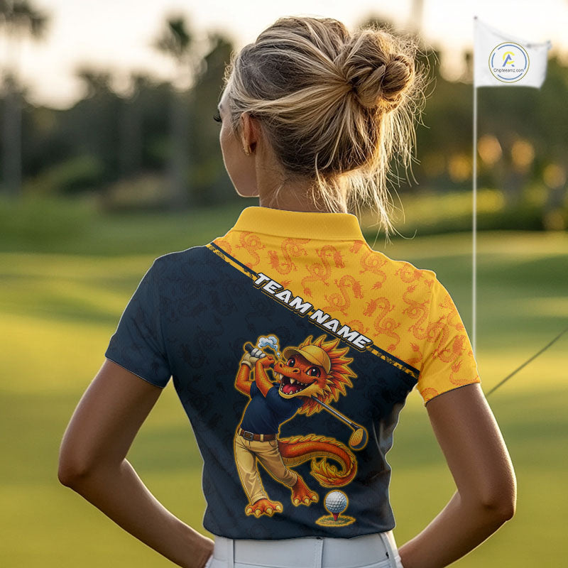 Funny Dragon Womens Golf Polo Shirts Custom Yellow And Blue Dragon Pattern Team Golf Outfits, Golf Gifts NHN0102