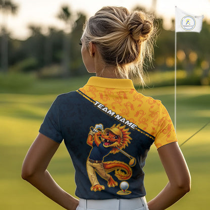 Funny Dragon Womens Golf Polo Shirts Custom Yellow And Blue Dragon Pattern Team Golf Outfits, Golf Gifts NHN0102