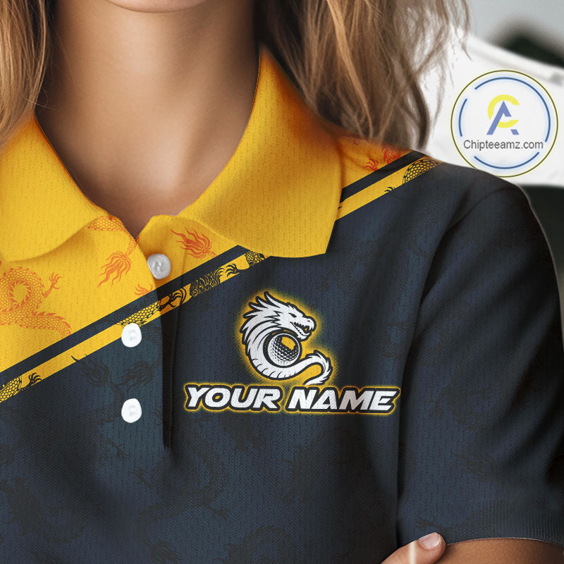 Funny Dragon Womens Golf Polo Shirts Custom Yellow And Blue Dragon Pattern Team Golf Outfits, Golf Gifts NHN0102