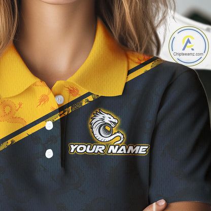 Funny Dragon Womens Golf Polo Shirts Custom Yellow And Blue Dragon Pattern Team Golf Outfits, Golf Gifts NHN0102