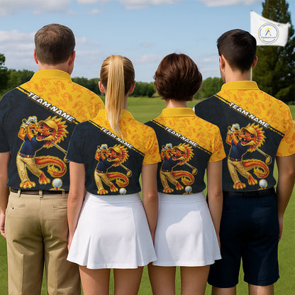 Funny Dragon Womens Golf Polo Shirts Custom Yellow And Blue Dragon Pattern Team Golf Outfits, Golf Gifts NHN0102