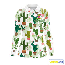 Load image into Gallery viewer, Funny Cactus Flower Womens Long Sleeve Golf Polo Shirt Custom Name Golf Tops, Cactus Golf Shirt NHN0237