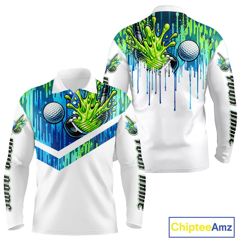 Watercolor Long Sleeve Golf Polo Shirt Custom Green Golf Ball Pattern Golf Tops For Men, Golf Gifts NHN0113