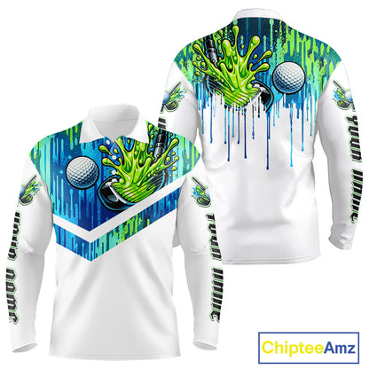Watercolor Long Sleeve Golf Polo Shirt Custom Green Golf Ball Pattern Golf Tops For Men, Golf Gifts NHN0113