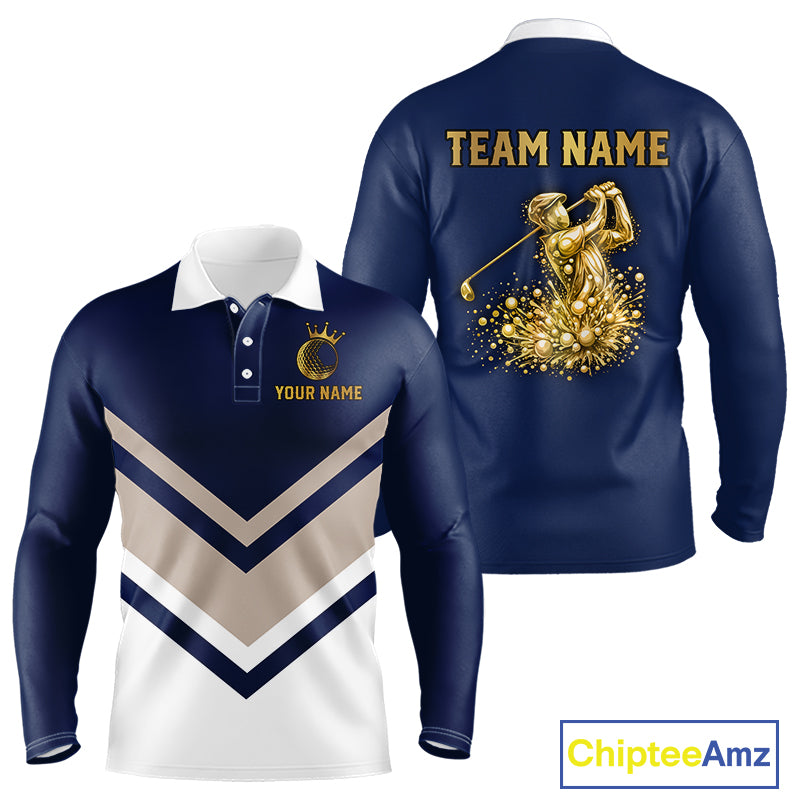 Blue And White Long Sleeve Golf Polo Shirt Custom Gold Golfer Swing & Golf Ball Graphic Team Polo NHN0115