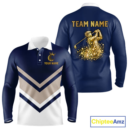 Blue And White Long Sleeve Golf Polo Shirt Custom Gold Golfer Swing & Golf Ball Graphic Team Polo NHN0115