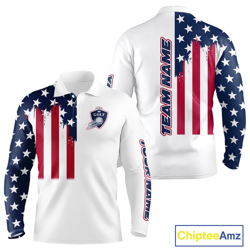 American Flag Long Sleeve Golf Polo Shirt Custom Red, White And Blue Patriotic Golf Shirts For Team NHN0118
