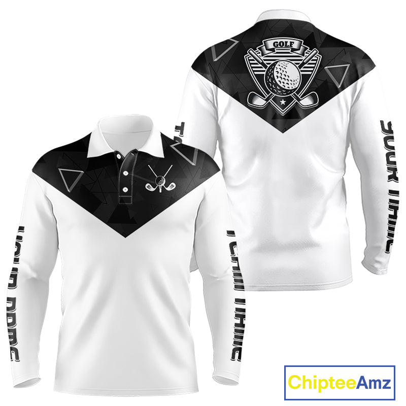 Long Sleeve Golf Polo Shirt For Men Black Geometric Triangle Pattern Custom Name White Golf Tops NHN0122