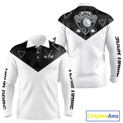 Long Sleeve Golf Polo Shirt For Men Black Geometric Triangle Pattern Custom Name White Golf Tops NHN0122