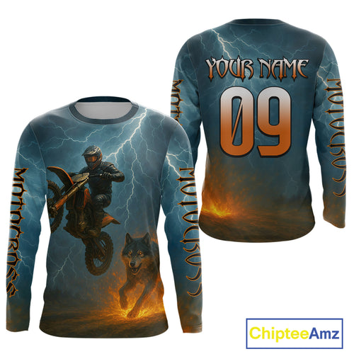 Lightning Wolf Motocross Jersey Custom Flaming Wolf Dirt Bike Shirts for Men Kid Women XM403