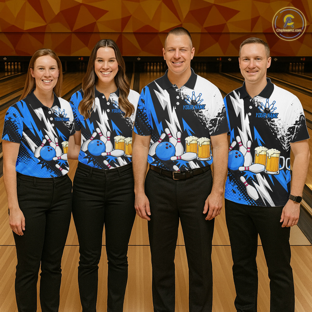 Custom Blue Beer Bowling Jersey for Men Bowling Team Shirts Bowling League Polo & 1/4 Zip HNT505